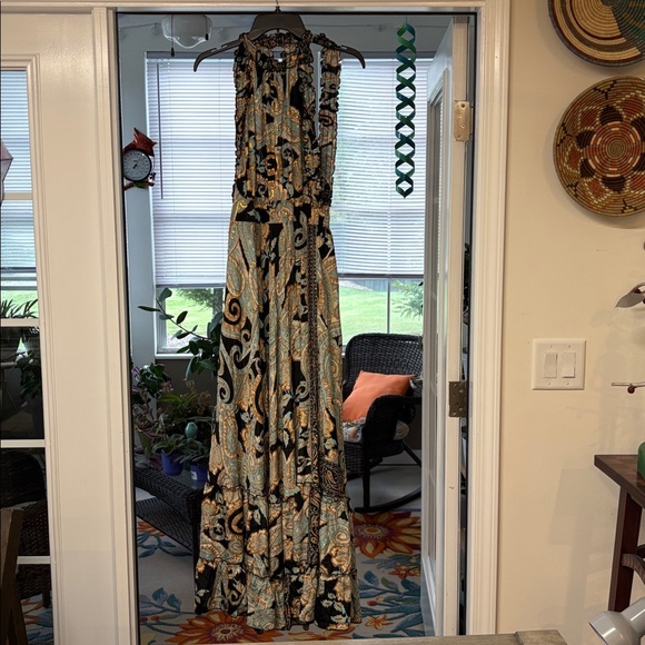 Karma Highway Dresses & Skirts - Elegant Black and Gold Patterned  Halter Maxi Dress